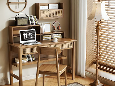 Wooden Desk Setup With Laptop Calendar Coffee Cup And Bookshelf With Headphones Floor Lamp Blinds 3d model