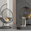 Modern Spherical Hanging Chairs With Rattan Acrylic Design Gray Cushions Yellow Pillows And Blanket