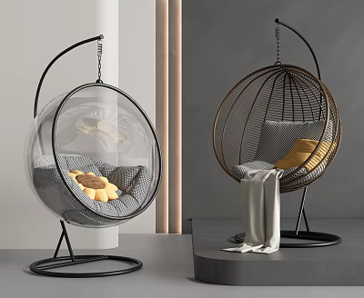 Modern Spherical Hanging Chairs With Rattan Acrylic Design Gray Cushions Yellow Pillows And Blanket 3d model