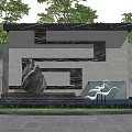 Modern Building Exterior Wall With Marble Texture Green Trees And Lawn Sculpture Wall Lamps