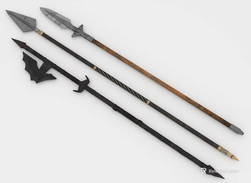 Three Medieval Fantasy Spears With Metal Heads Colored Shafts And Decorative Details 3d model 