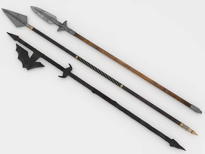 Three Medieval Fantasy Spears With Metal Heads Colored Shafts And Decorative Details 3d model