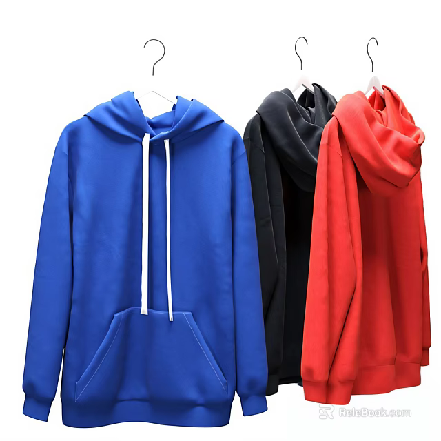 Casual Blue Black and Red Hoodies with Drawstrings Hanging on White Hangers 3d model 