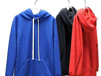 Casual Blue Black and Red Hoodies with Drawstrings Hanging on White Hangers 3d model