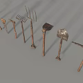 Vintage Agricultural Tools Collection Featuring Shovels Rakes Axes And Hoes With Wooden Handles