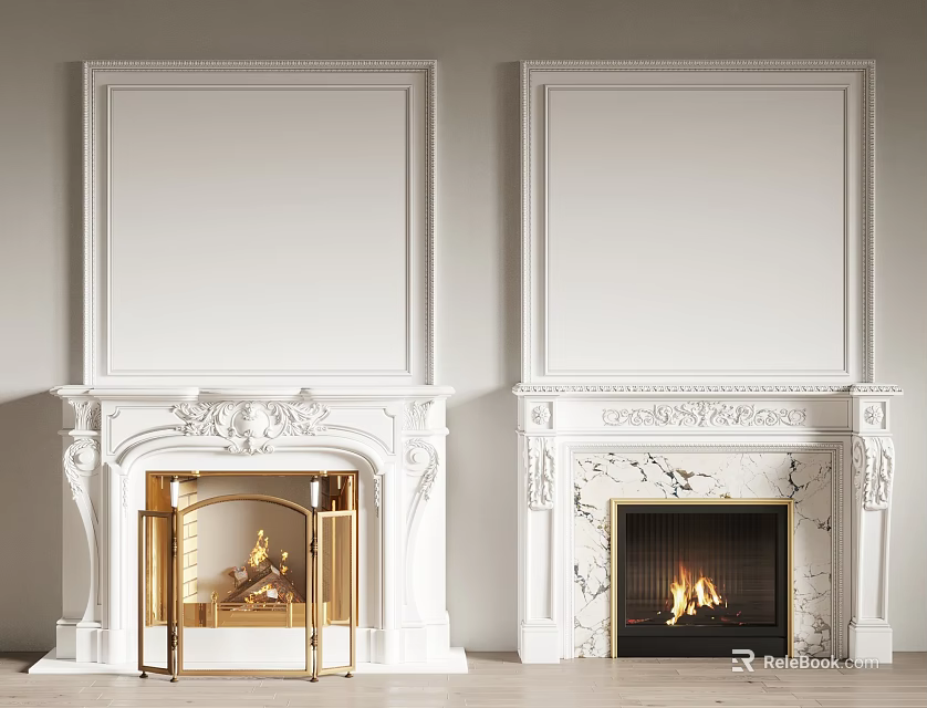 White Carved Fireplaces With Gold Accents And Marble Design Burning Fire 3d model 