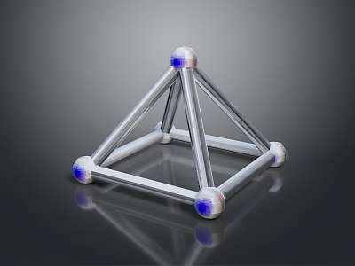 Geometric Triangular Pyramid Frame with Metal Rods and White Spherical Nodes Featuring Blue Accents 3d model