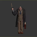 Elderly Male Character in Long Coat Pinstripe Suit With Glasses Umbrella And Red Briefcase