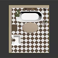 Cozy Bathroom Interior With Bathtub Sink Mirror Plant Shelf And Checkerboard Floor