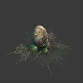 Mysterious Egg Shaped Object in Intricate Spider Web with Green Orbs and Red Spots