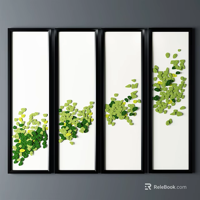 Set of Four Black Framed Wall Art With White Background Green Leaf Decorations 3d model 