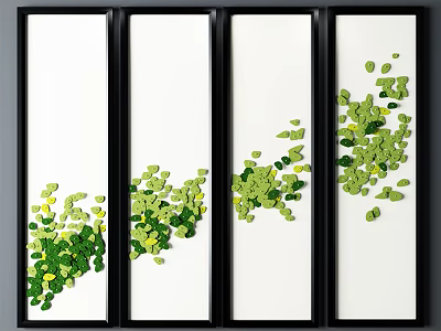 Set of Four Black Framed Wall Art With White Background Green Leaf Decorations 3d model