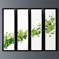 Set of Four Black Framed Wall Art With White Background Green Leaf Decorations