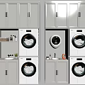 Modern Bathroom Cabinet Rack Featuring Stackable Washer Dryer Storage And Gold Handles 3d model