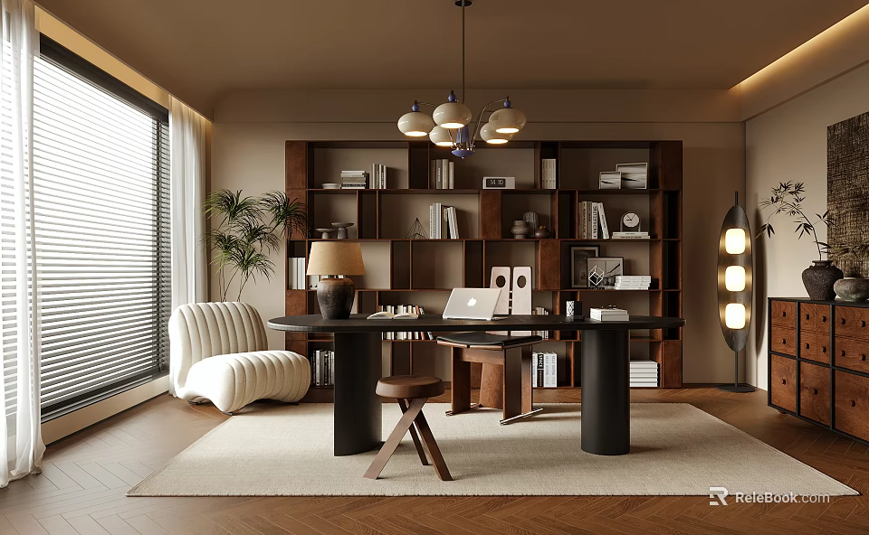 Modern Study Room Interior Design With Wooden Bookshelves Desk Pendant Lights Armchair Plant And Rug 3d model 