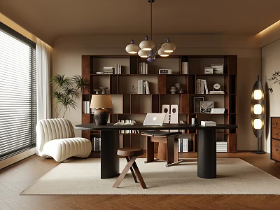 Modern Study Room Interior Design With Wooden Bookshelves Desk Pendant Lights Armchair Plant And Rug 3d model