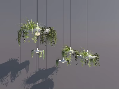 Stylish Pendant Lights With Green Plants Hanging In Modern Interior 3d model