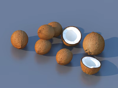 Fresh Coconuts Whole and Halved Displaying White Flesh and Brown Shells 3d model