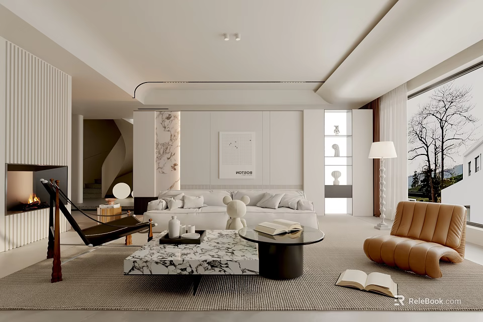 Modern Living Room Interior Design With White Sofa Marble Coffee Table Fireplace And Large Windows 3d model 