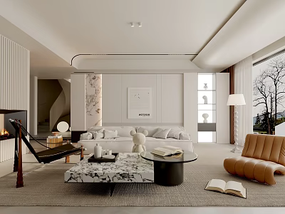 Modern Living Room Interior Design With White Sofa Marble Coffee Table Fireplace And Large Windows 3d model