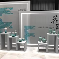 Elegant Display Shelves Showcasing Celadon Vases With Traditional Landscape Art