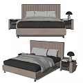 Double Bed with Striped Headboard Beige Frame Gray Bedding Pillows Nightstands and Table Lamps