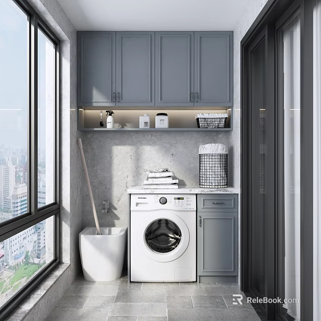 Modern Home Balcony With Gray Cabinets Washing Machine Laundry Basket And City View 3d model 
