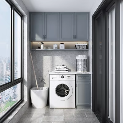 Modern Home Balcony With Gray Cabinets Washing Machine Laundry Basket And City View 3d model