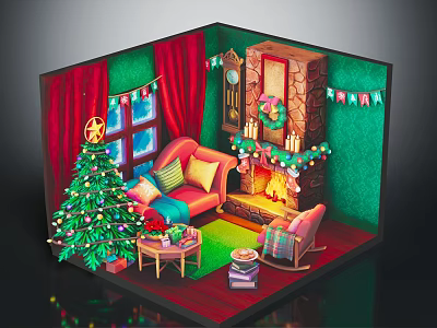 Festive Living Room Interior With Christmas Tree Sofa And Fireplace Decorations 3d model