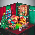 Festive Living Room Interior With Christmas Tree Sofa And Fireplace Decorations