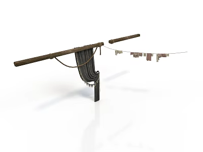 Outdoor Clothes Drying Setup With Wooden Pole Rope And Hanging Laundry Items 3d model