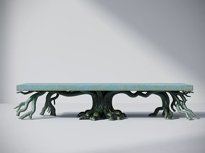 Artistic Outdoor Table With Light Blue Textured Tabletop And Root Like Green Legs 3d model
