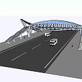 Scenic Arch Bridge With Steel Structure Over Road Vehicles Passing And Pedestrians Nearby
