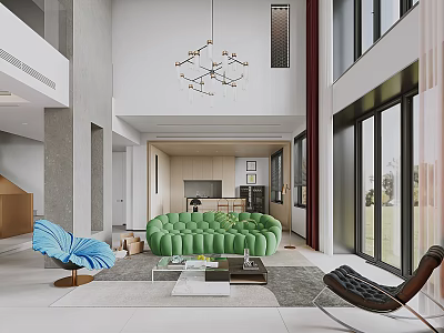 Loft Style Living Room With Green Sofa And Large Windows 3d model