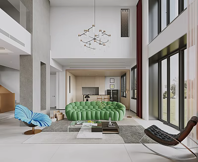 Loft Style Living Room With Green Sofa And Large Windows 3d model