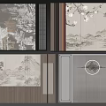 Traditional Chinese Sofa Background Wall With Landscape Painting Floral Motifs And Circular Decor