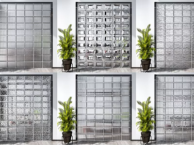 Modern Glass Block Wall Designs With Green Potted Plants In Interior Spaces 3d model