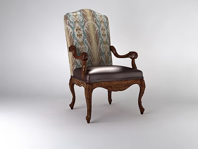 Classic Leisure Chair With Patterned Backrest Wooden Carved Armrests And Leather Seat 3d model