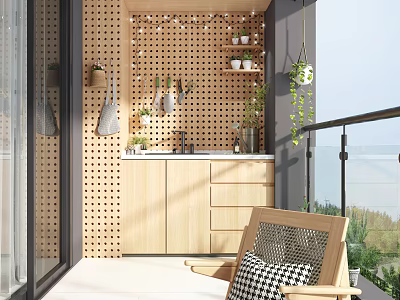 Cozy Home Balcony Design With Perforated Wooden Wall Hanging Plants Cabinets And Comfortable Chair 3d model