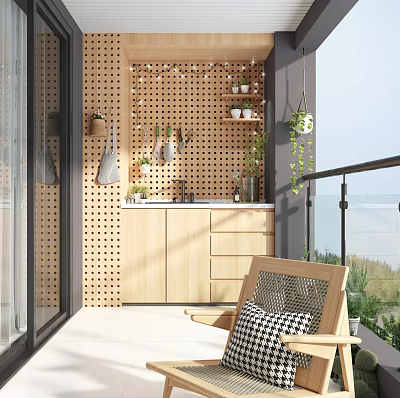 Cozy Home Balcony Design With Perforated Wooden Wall Hanging Plants Cabinets And Comfortable Chair 3d model