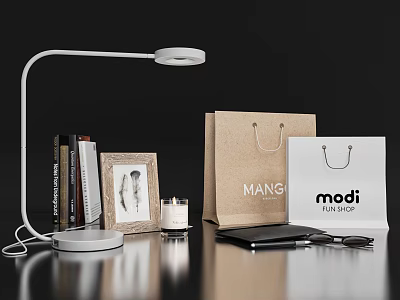 Decorative Ornament Set With Table Lamp Books Photo Frame Candle Shopping Bags Laptop And Eyeglasses 3d model