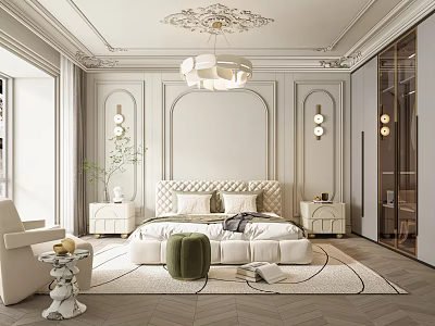 Luxurious Bedroom Interior Design With Intricate Ceiling Chandelier Tufted Headboard Area Rug And Nightstands 3d model