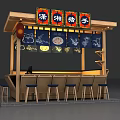 Japanese Style Snack Stall With Wooden Structure Blue Curtains Signboards And Pork Knuckles