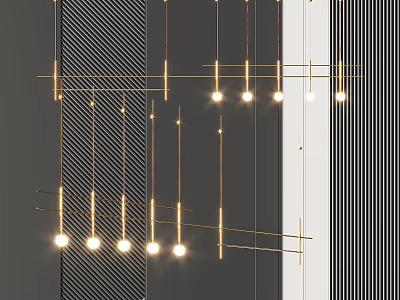 Modern Interior With Golden Linear Chandelier Featuring Multiple Hanging Bulbs And Geometric Pattern 3d model