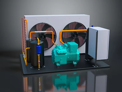 Industrial Refrigeration Unit With Two Fans Green Compressor Pipes And White Housing 3d model