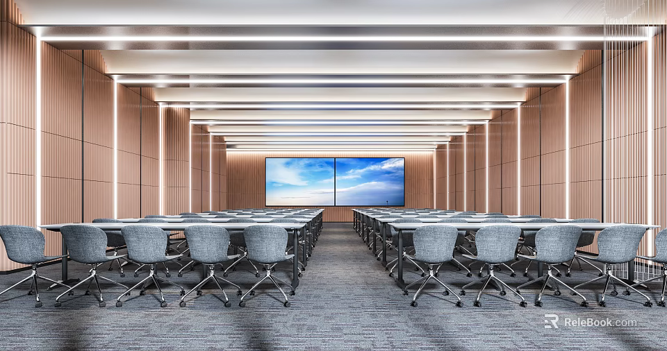 Modern Spacious Conference Room Interior With Long Tables Chairs Wooden Walls And Large Screen 3d model 