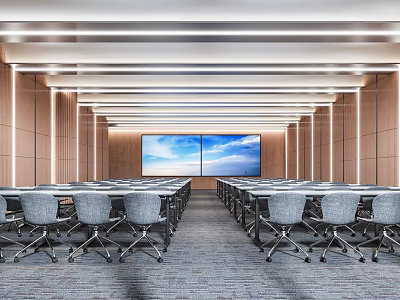 Modern Spacious Conference Room Interior With Long Tables Chairs Wooden Walls And Large Screen 3d model
