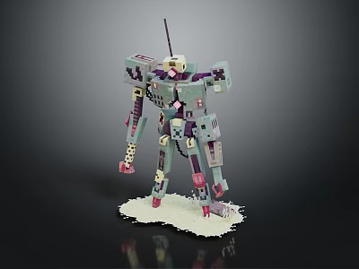 Purple And White Robot Model Built With Mechanical Arms Legs And Antenna On White Base 3d model