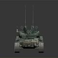 Green Military Tank With Gun Turret Tracks And Antennas On Gray Background