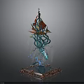 Ornate Sculpture With Square Base Blue Water Green Vines And Colorful Top Decor